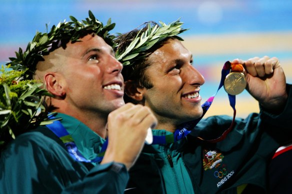 Ian Thorpe and Grant Hackett after winning gold and silver in the 400m freestyle at Athens 2004.