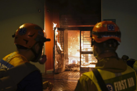 Local residents set a building on the Fai Ming Estate in the Fanling district of Hong Kong on fire on Sunday after the government had earmarked it for use as a quarantine centre.