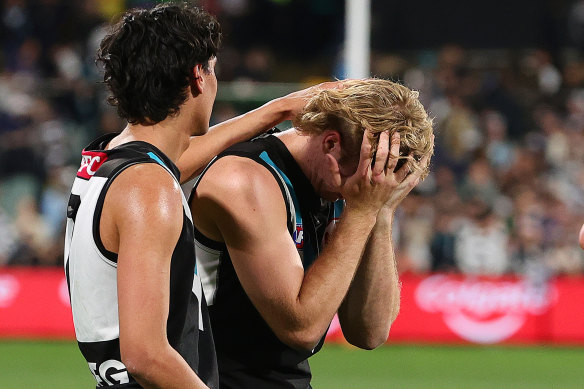 Jason Horne-Francis had 18 disposals on a miserable night for Port Adelaide.