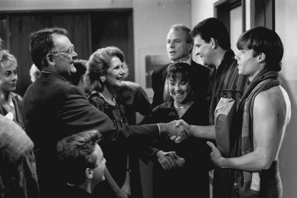 Neighbours episode 982, featuring Harold and Madge congratulating Mike (Guy Pearce) at his surprise 21st birthday party.