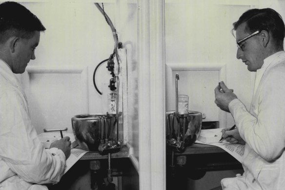 Food testers sample meat at the CSIRO laboratory on the site in 1966.