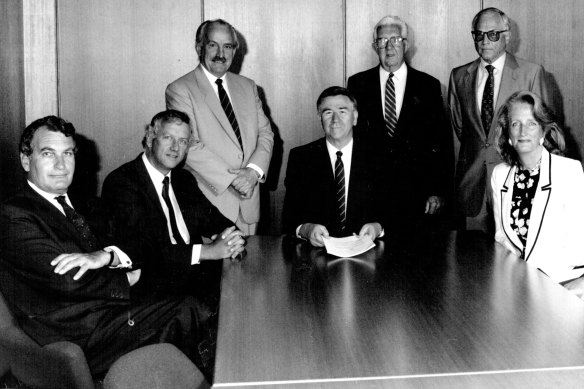 Lady Carmen Carnegie with fellow members of the trust to administer The Earth Exchange, a museum of minerals and mining in Sydney that closed in 1995.