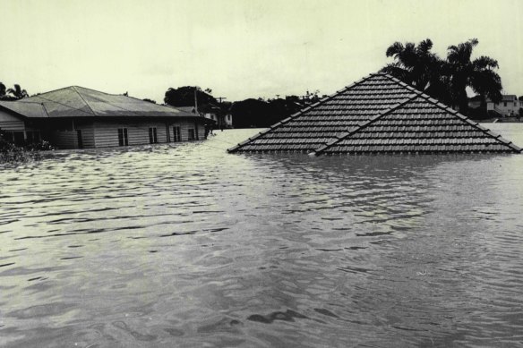 Brisbane’s 1974 floods: Houses under water in Yeronga on January 29, 1974.