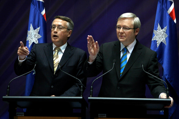 Treasurer Wayne Swan and Prime Minister Kevin Rudd announce their economic stimulus package during the Global Financial Crisis in 2008.