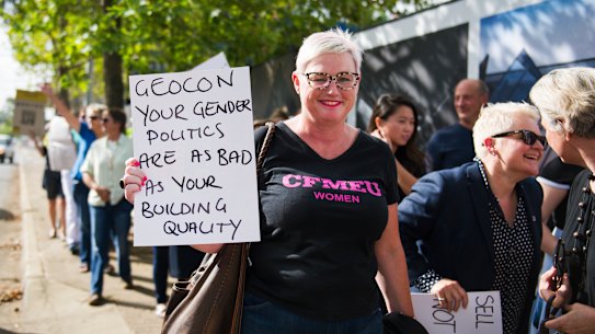 Unions ACT protest about Geocon's sexualised advertising outside Geocon's building site for Tryst. 