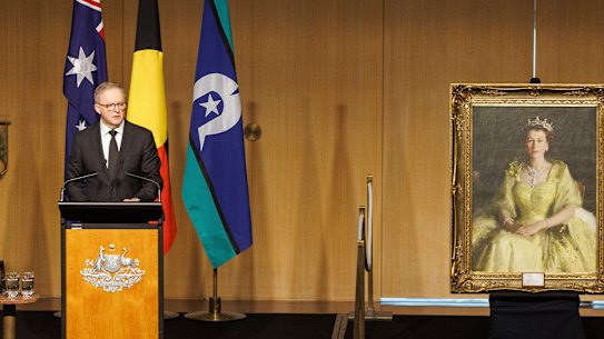 Prime Minister Anthony Albanese speaks during the Queen’s national memorial service.