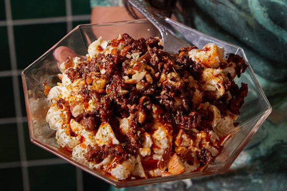 ‘Manti’ pasta salad with crispy lamb and garlic yoghurt.