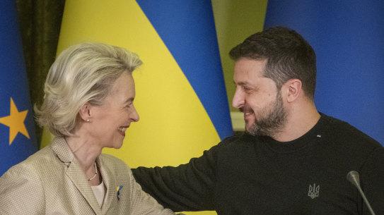 Ukrainian President Volodymyr Zelenskyy, right, and European Commission President Ursula von der Leyen attend a press conference in Kyiv, Ukraine. 