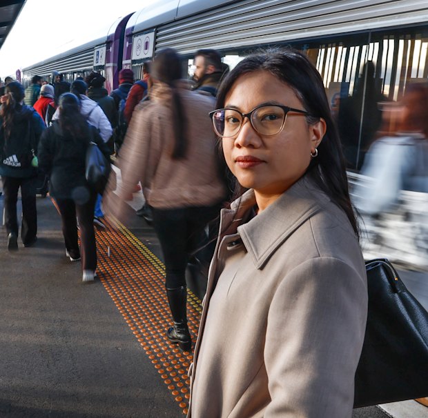 Marelen Yap at V/Line’s Rockbank station, which heaves with city-bound commuters in the morning peak hour.