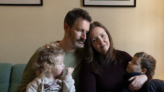 Helen and Dan Broadley with their children Fern, 2, Asher, 5, in Manly.