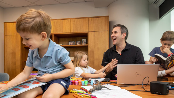 Treasurer Jim Chalmers prepares for his first budget in 2022 with children Jack (left), Annabel and Leo.