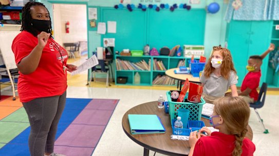 Fourth grade teacher Krileshia Boyd speaks to her students at Northeast Lauderdale Elementary School in the US on August 10.