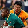 South Africa’s Aphelele Fassi, front, is challenged by Australia’s Joseph-Aukuso Suaalii.