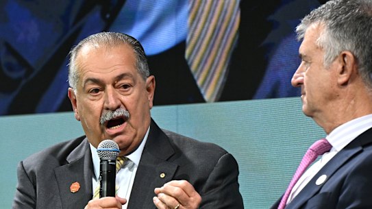 Brisbane 2032 Organising Committee President Andrew Liveris (left) and Queensland Sport Minister Tim Mander at Tuesday’s business lunch.