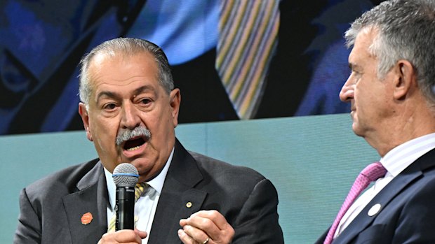 Brisbane 2032 Organising Committee President Andrew Liveris (left) and Queensland Sport Minister Tim Mander at Tuesday’s business lunch.