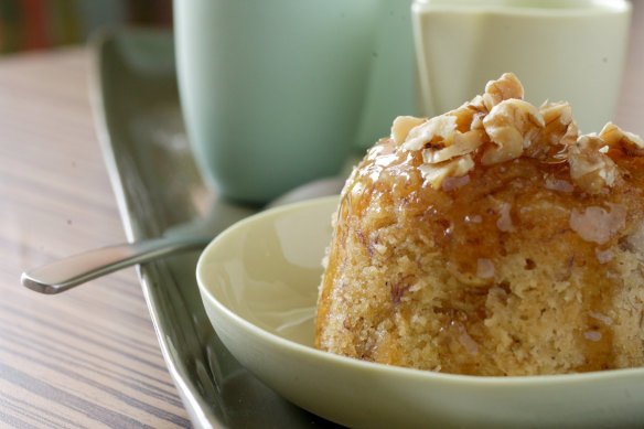 Steamed banana and honey pudding.