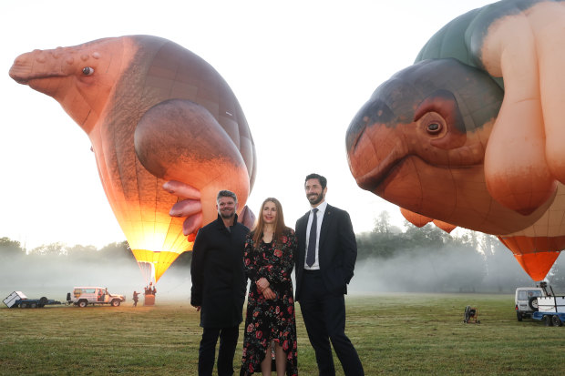 NGA director Nick Mitzevich, at left, artist Patricia Piccinini and NGA council chair Ryan Stokes with “Skywhalepapa” during a test flight at a property in Gundaroo, NSW.