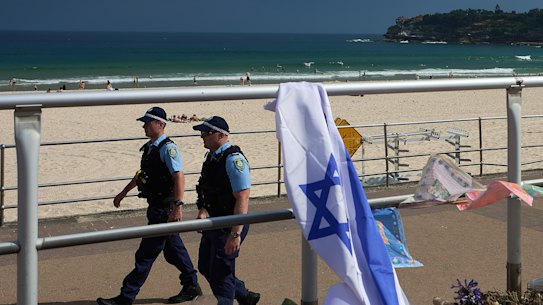 Police patrolling Bondi Beach after the terrorist attack last month.