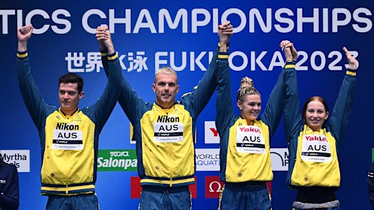 Gold medallists Jack Cartwright, Kyle Chalmers, Shayna Jack and Mollie O’Callaghan after the mixed 4x100m freestyle relay final.