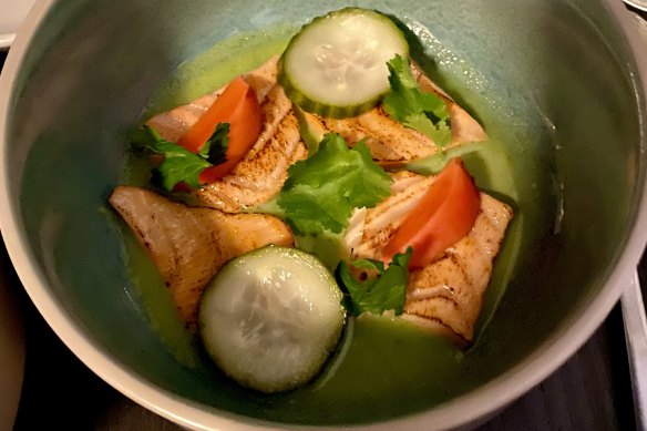 “Torched salmon belly” was served in a cucumber and celery “soup”.