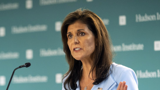 Former UN Ambassador Nikki Haley speaks at the Hudson Institute in Washington.
