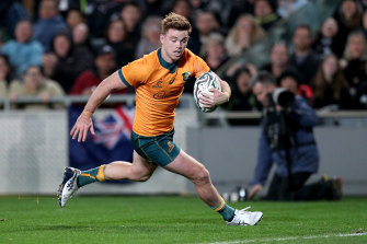 Andrew Kellaway crosses for a try against the All Blacks on Saturday.