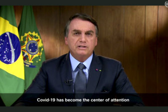 Brazilian President Jair Bolsonaro speaks in a pre-recorded message played during the 75th session of the United Nations General Assembly.