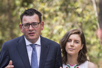 Premier Daniel Andrews with Clare Burns in 2017 when she ran in a by-election for the seat of Northcote.