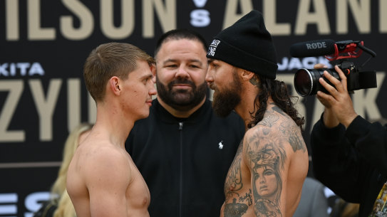 Nikita Tszyu and Jack Brubaker at the weigh-in ahead of their fight at the Hordern Pavilion.