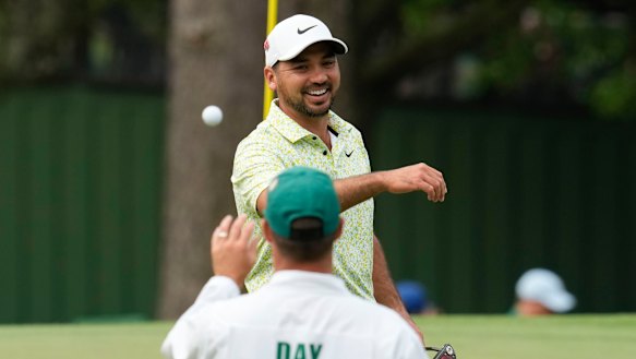 Jason Day celebrates a birdie on the third hole in his second round.