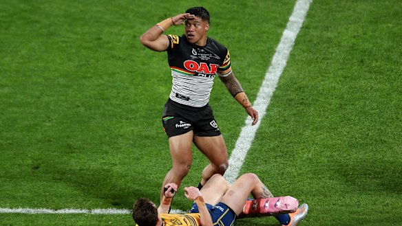 Brian To’o celebrates a try during Penrith’s grand final rout of Parramatta.