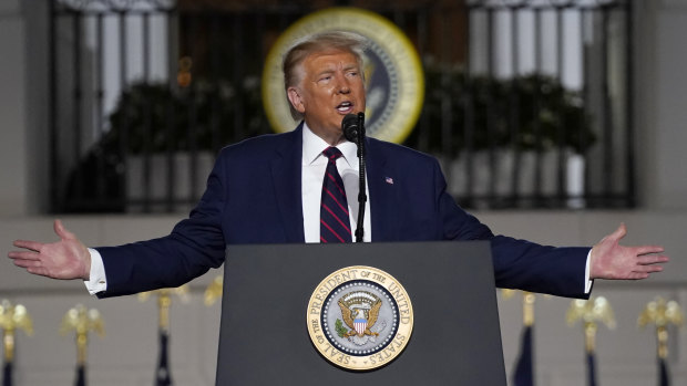 President Donald Trump speaks from the South Lawn of the White House on the fourth day of the Republican National Convention in Washington. 