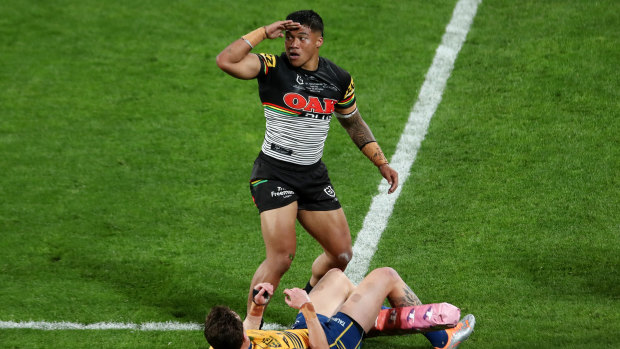 Brian To’o celebrates a try during Penrith’s grand final rout of Parramatta.