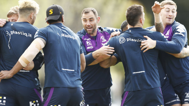 Cameron Smith and the Storm players train on Tuesday.