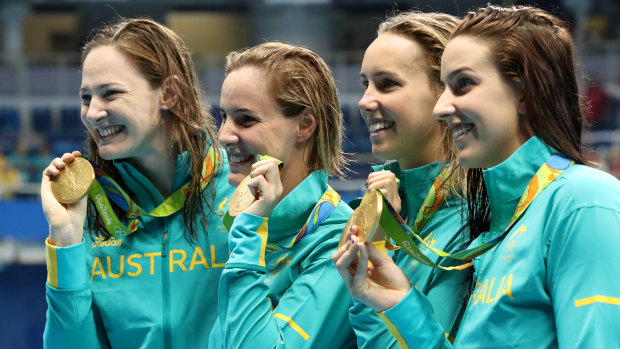 Special moments: Cate Campbell, Bronte Campbell, Emma McKeon and Brittany Elmslie celebrate gold in the 4x100m freestyle relay at the Rio Games in 2016.