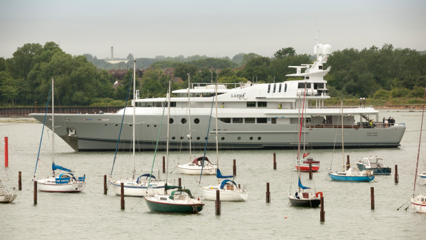 Lord Sugar's superyacht 'Lady A' leaving Portsmouth Harbour, Hampshire, UK.