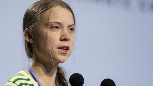 Swedish environment activist Greta Thunberg gives a speech at the plenary session during the COP25 Climate Conference.