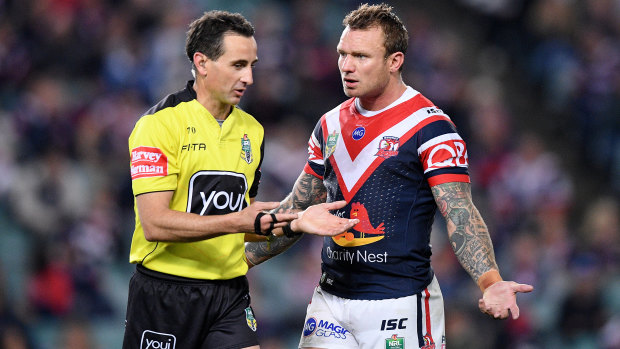 Put in his place: Jake Friend remonstrates with referee Gerard Sutton after Dylan Napa was sent to the sin bin.