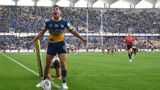 Western force: Mitchell Moses reacts after scoring the first try at the new Bankwest Stadium.