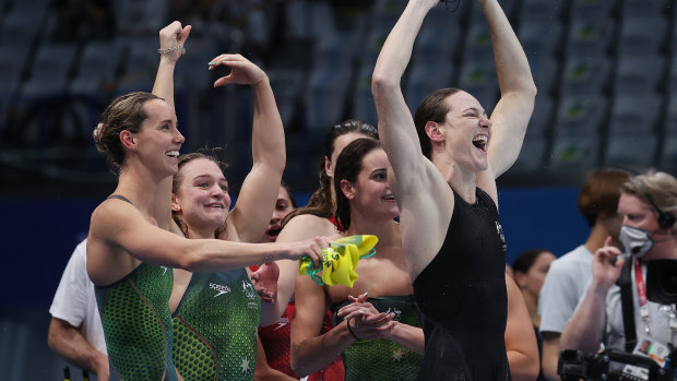 Emma McKeon (left), Chelsea Hodges, Kaylee McKeown and Cate Campbell celebrate after winning the 4x100m medley relay final on Sunday.