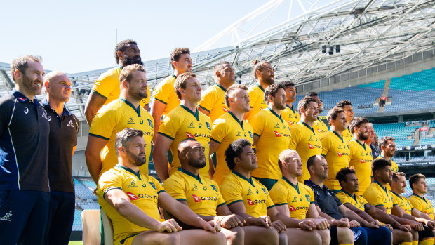 The Wallabies players pose for their photo at ANZ Stadium. 