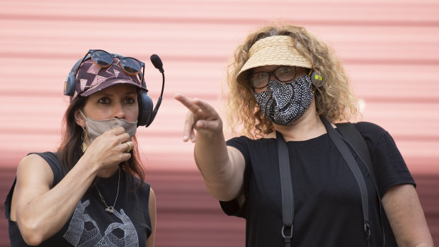 Director Leah Purcell (right) and and cinematographer Tania Lambert line up a shot for Here Out West in Blacktown. 