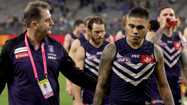 Digging in: Fremantle coach Ross Lyon with Dockers star Michael Walter.