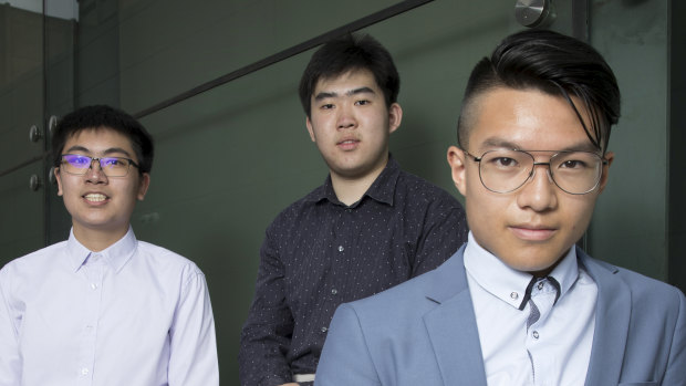 The top three maths students (from left to right): Phillip Liang (James Ruse Agricultural School); Ze Hong Zhou (St Patrick's College, Sutherland); and Christopher Ta (Sydney Boys High School).