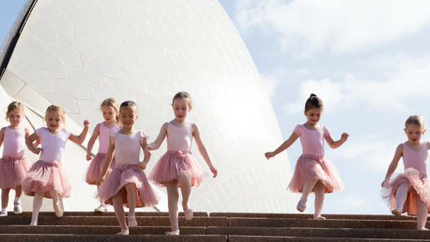 Young ballerinas gather at the Sydney Opera House.