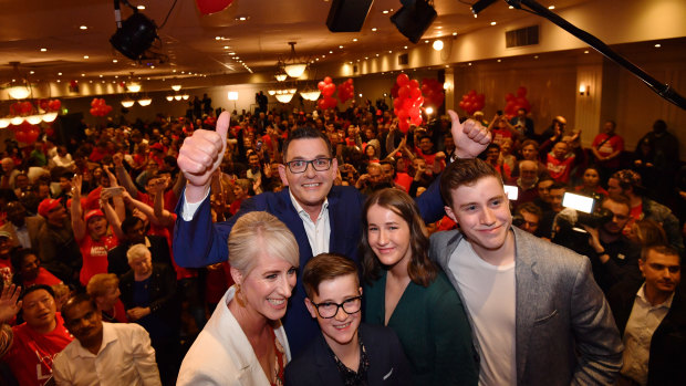 Premier Daniel Andrews and his family — son Noah, 16, wife Cath, daughter Grace, 14, and son Joseph, 11.