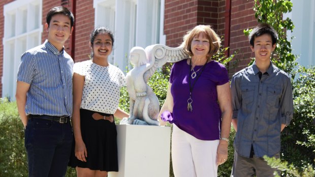 Nicholas Doan, Pooja Ramesh, Principal Lois Joll and Phil Yang celebrate Perth Modern's five 99.95 ATAR scores, announced Sunday. Both Pooja and Nicholas are looking at medicine. 