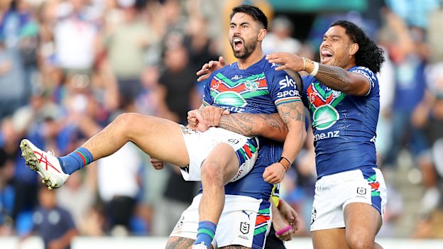 Warriors halfback Shaun Johnson after landing the match-winning penalty goal against the Bulldogs back in March.