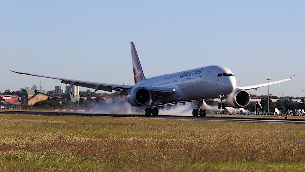 Qantas flight 7879 lands at Sydney Airport on Sunday morning after flying 19 hours and 16 minutes from New York.