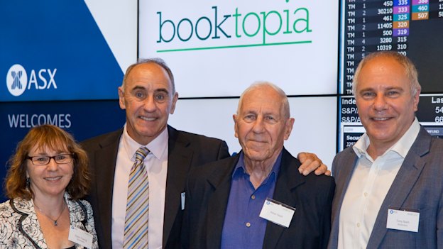  Tony Nash (on right) with father Peter, brother Simon and sister Elana in December 2020, when Booktopia was listed on the Stock Exchange.